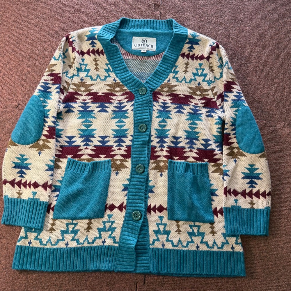 A+ Outback Trading Co Jayden Cardigan‎ Southwestern Teal Knit Sweater L/XL 40236